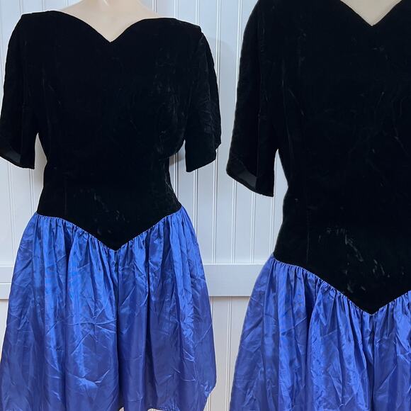 Vintage Jessica McClintock Gunne Sax Black Velvet Blue Prom Cocktail Party Dress - Picture 1 of 10